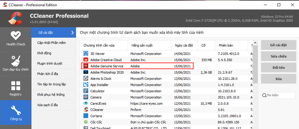 gỡ ứng dụng adobe genuine service