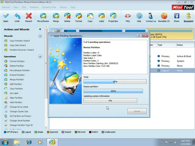Cách chia ổ cứng win 7 10 11 cực nhanh và hiệu quả bằng Partition Wizard Chương trình khởi chạy các tác vụ cần thiết để thực hiện việc chia lại các phân vùng.